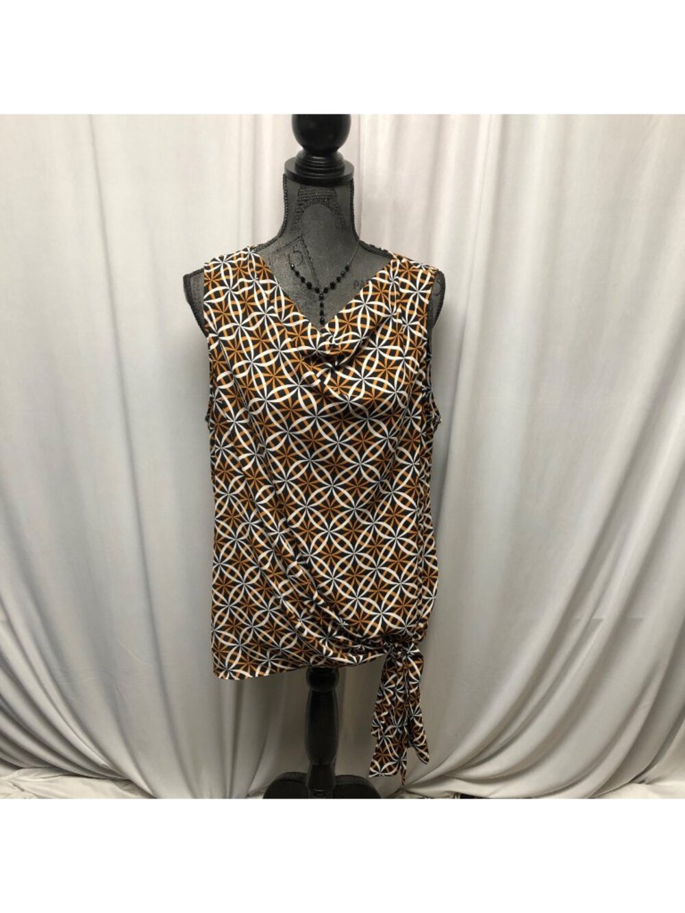 Worthington Blouse Womens Size XL Sleeveless Cowl Neck Geometric Top Bottom Tie